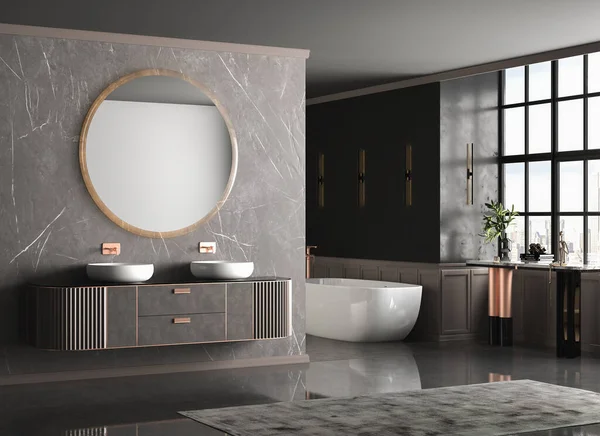 现代化浴室的内部 白色墙壁和木制地板 木制地板和带有双面浴缸和镜子的水池 3D渲染 — 图库照片