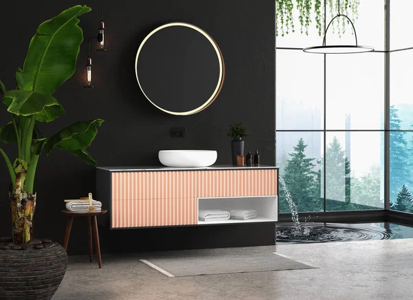 现代化浴室的内部 有白色和黑色墙壁 木制地板和木制地板 有水池和带有镜子的浴缸 3天渲染模拟 — 图库照片