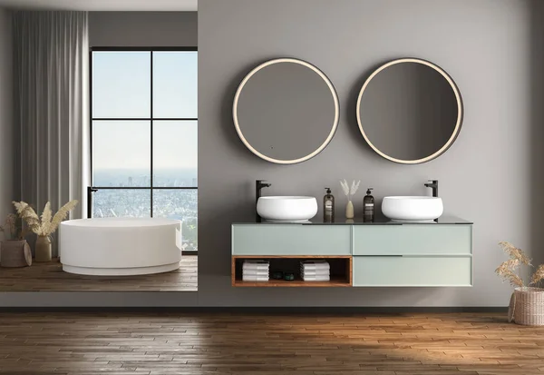 white and gray bathroom with double mirror, sink, sink, sink and round mirror. 3 d rendering