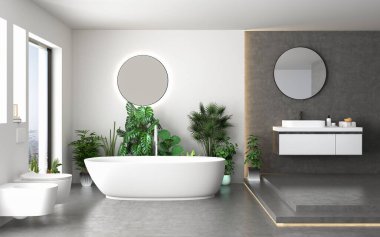 Beyaz duvarlı banyo, çift lavabo, beyaz, siyah ve gri fayanslı büyük bir ayna. 3d oluşturma 