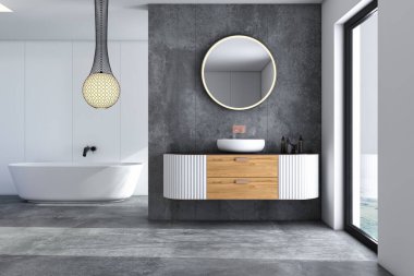 Gri ve ahşap duvarlı modern banyonun içi, beyaz lavabolu beyaz ve gri zemin ve yuvarlak aynalı beyaz lavabolu ayna. 3 d 