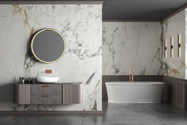 Mermer aynalı ve mermer duvarlı banyo. modern minimalist iç mimari. 