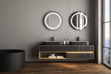 Beyaz ahşap duvarları, beton zemini, rahat zemini ve lavabosu olan modern banyonun içi. 3d oluşturma 