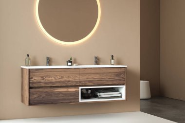 Beyaz lavabolu, ahşap kapılı ve aynalı modern parlak ışığın içi. 3d oluşturma 