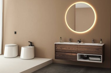 Beyaz lavabolu ve aynalı modern banyo. 