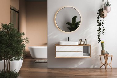 Lavabosu olan modern bir banyo. 
