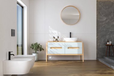 Modern banyo, ahşap lavabo, lavabo ve ayna. 3d oluşturma 