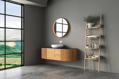 Pencereli minimalist banyo, ahşap zemin ve beton duvar, 3 boyutlu. 