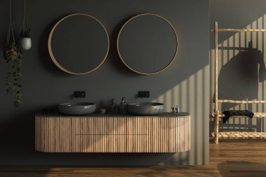 Koyu kahverengi parke döşemeli modern banyo, iki siyah lavabo, çift ayna, iç tesisler, karanlık duvarlar. Modern mobilyalı minimalist banyo. 3B görüntüleme