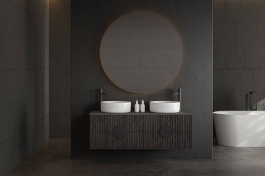 Modern minimalist banyo, modern banyo dolabı, çift lavabo, karanlık duvarlar, beton zemin, banyo aksesuarları, küvet. 3d oluşturma
