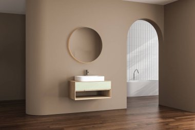 Bej minimalist banyo içi güneş ışınları, dolap, oval ayna, lavabo, beyaz küvet, parke zemin, fayanslar. Minimum tasarım kavramı. 3d oluşturma