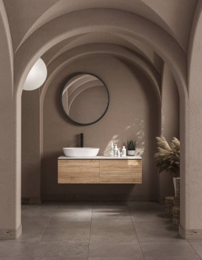 Modern yüzyılın ortalarında ve minimalist banyo iç mimarisi, bej dekorasyon konsepti, bej duvarda asılı modern ahşap banyo dolabı, beton zemin. 3d oluşturma
