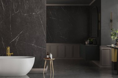 Modern lüks banyo, koyu mermer arka plan duvarlar, beyaz küvet, çift lavabo, mermer tezgah, ayna, kapalı bitki manzarası. Model yap. 3d oluşturma