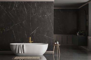 Modern lüks banyo, koyu mermer arka plan duvarlar, beyaz küvet, çift lavabo, mermer tezgah, ayna, kapalı bitki manzarası. Model yap. 3d oluşturma