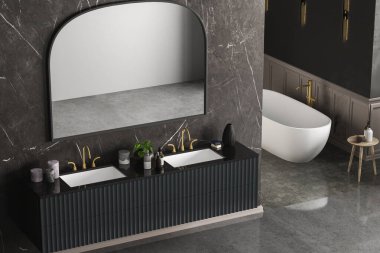 Modern lüks banyo, koyu mermer arka plan duvarlar, beyaz küvet, çift lavabo, mermer tezgah, ayna, kapalı bitki manzarası. Model yap. 3d oluşturma