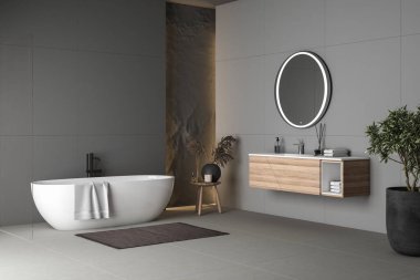 Beton zemin, beyaz oval küvet, beyaz havuz, duş, bitki ve pencerelerden karlı dağ manzaralı modern banyo. Modern mobilyalı minimalist banyo. 3B görüntüleme