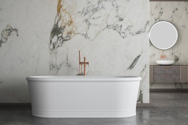Modern lüks banyo, beyaz mermer duvarlar, küvet, beton zemin, ev bitkileri, tuvalet, bidet, ön manzara. Modern mobilyaları ve pencereleri olan güzel bir oda. 3d oluşturma