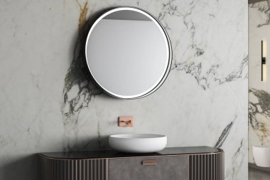 Modern banyoda mermer duvarlı mermer tezgahta duran oval aynalı rahat beyaz lavabo. 3d oluşturma