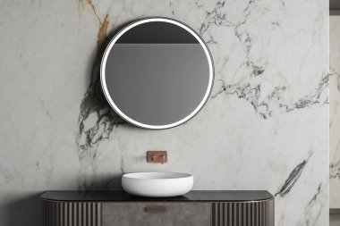 Modern banyoda mermer duvarlı mermer tezgahta duran oval aynalı rahat beyaz lavabo. 3d oluşturma