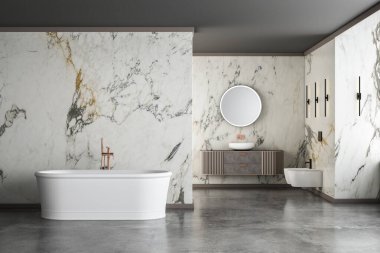 Modern lüks banyo, beyaz mermer duvarlar, küvet, beton zemin, ev bitkileri, tuvalet, bidet, ön manzara. Modern mobilyaları ve pencereleri olan güzel bir oda. 3d oluşturma
