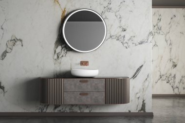 Modern lüks banyo, beyaz mermer duvarlar, küvet, beton zemin, ev bitkileri, tuvalet, bidet, ön manzara. Modern mobilyaları ve pencereleri olan güzel bir oda. 3d oluşturma