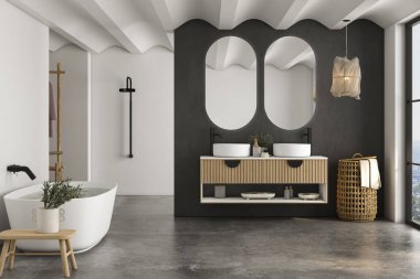 modern beyaz oturma odası ahşap zemin, yuvarlak ahşap pencere, parke, beyaz ve gri parke döşeme, yuvarlak çerçeve, minimalist 