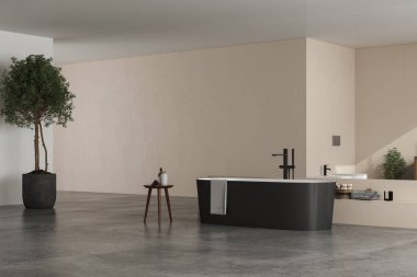 Bej duvarlı modern banyo, çift aynalı mermer leğen, siyah küvet ve gri beton zemin. Modern mobilyalı minimalist banyo. Ağaca ve manzaraya 3D görünüm verir