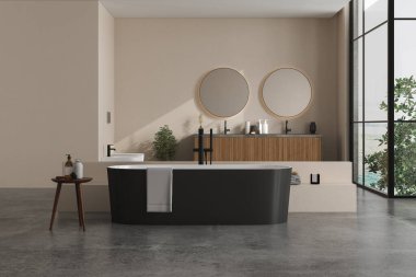 Bej duvarlı modern banyo, çift aynalı mermer leğen, siyah küvet ve gri beton zemin. Modern mobilyalı minimalist banyo. Ağaca ve manzaraya 3D görünüm verir