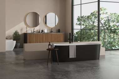 Bej duvarlı modern banyo, çift aynalı mermer leğen, siyah küvet ve gri beton zemin. Modern mobilyalı minimalist banyo. Ağaca ve manzaraya 3D görünüm verir