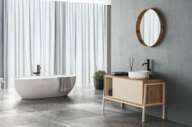 Mavi arka planlı modern banyo, beton döşeme, beyaz küvet, duş ve lavabo, yan görüş. Modern mobilyalı minimalist banyo. 3B görüntüleme