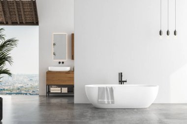 Beton zemini olan şık bir banyo, şehir manzaralı pencere, beyaz duvar, büyük küvet, ve dikey aynalı beyaz lavabo ve ahşap kibir. 3d kopyalama alanı