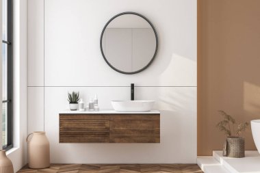 Bej duvarlı modern banyo, oval aynalı beyaz lavabo, küvet ve parke zemin. Minimalist parlak banyo ve modern mobilyalar. ön görünüm 3D görüntüleme