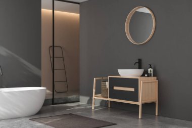 Modern minimalist banyo, modern banyo dolabı, beyaz lavabo, ahşap kibir, iç tesisler, banyo aksesuarları, küvet ve duş, siyah ve bej duvarlar, beton zemin. 3d oluşturma