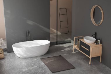 Modern minimalist banyo, modern banyo dolabı, beyaz lavabo, ahşap kibir, iç tesisler, banyo aksesuarları, küvet ve duş, siyah ve bej duvarlar, beton zemin. 3d oluşturma