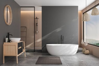 Modern minimalist banyo, modern banyo dolabı, beyaz lavabo, ahşap kibir, iç tesisler, banyo aksesuarları, küvet ve duş, siyah ve bej duvarlar, beton zemin. 3d oluşturma