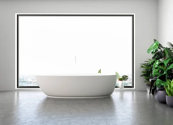 带有窗户和白色墙壁的现代浴室内部 3D渲染 — 图库照片