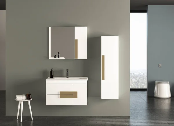 现代化浴室内部 带有木制墙壁 灰色混凝土地面和白色浴缸的水槽和水槽 3D渲染 — 图库照片