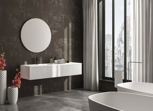 Beyaz Küvetli Modern Banyo Beyaz Mermer Zemin Çift Cam Beyaz — Stok fotoğraf