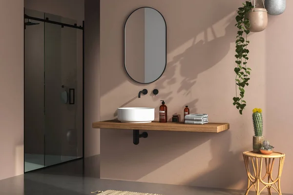 Moderní Koupelna Interiér Zrcadlem Umyvadlo Umyvadlo Blízkosti Okna Vykreslování — Stock fotografie