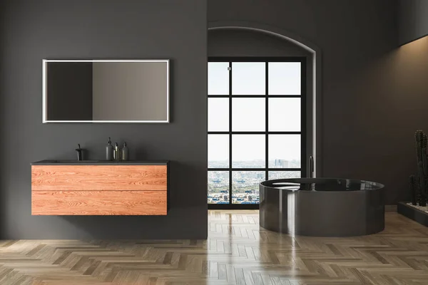 带有灰色墙壁 木制墙壁 白色水槽和带有白色水槽的浴缸的现代化浴室内部 3D渲染 — 图库照片