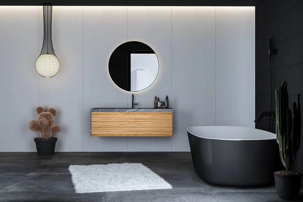 Moderno Cuarto Baño Interior Con Paredes Blancas Grises Suelo Madera —  Fotos de Stock