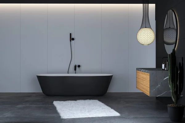 现代浴室内部有木制水槽 淋浴和浴缸 3D渲染 — 图库照片