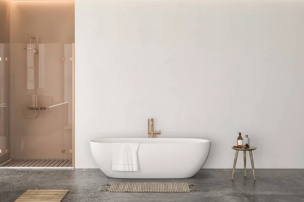 白色浴缸 有木制搁板和白色墙壁 3天渲染 — 图库照片