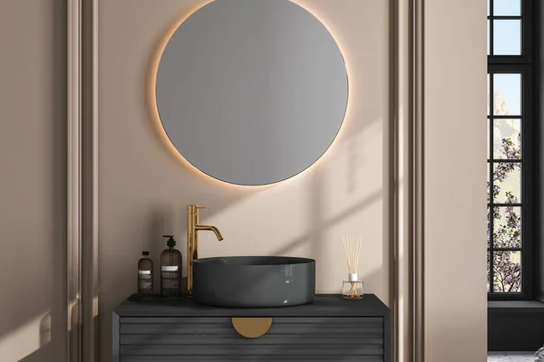 浴室水池 有一面漂亮的镜子 — 图库照片