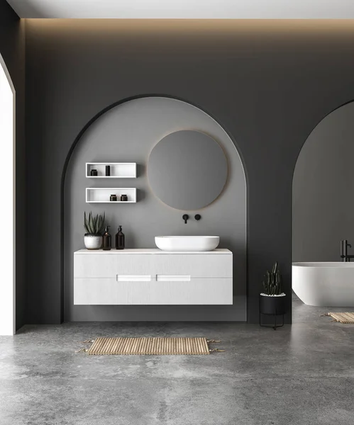 Modernes Badezimmer Mit Weißen Und Grauen Wänden Holzboden Weißer Badewanne — Stockfoto