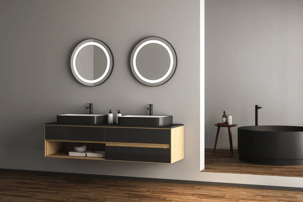 円形ミラー ミラー シンク ミラーとシャワー付きのバスルームのインテリア — ストック写真