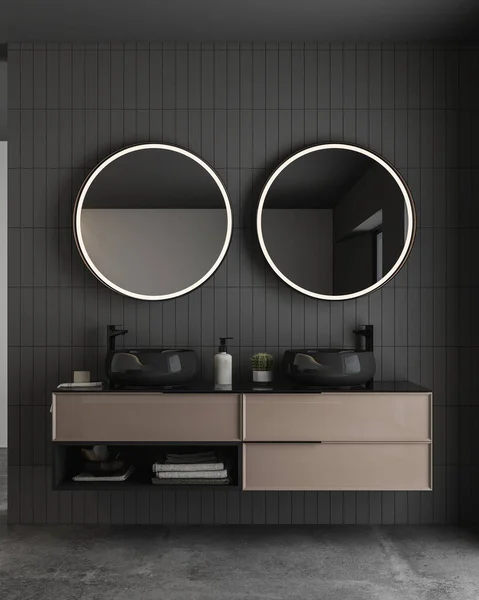 带有灰墙 镜子和镜子的现代化浴室的内部 — 图库照片