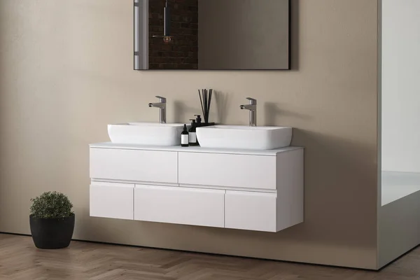 Interior Banheiro Moderno Com Pia Paredes Brancas Piso Madeira — Fotografia de Stock