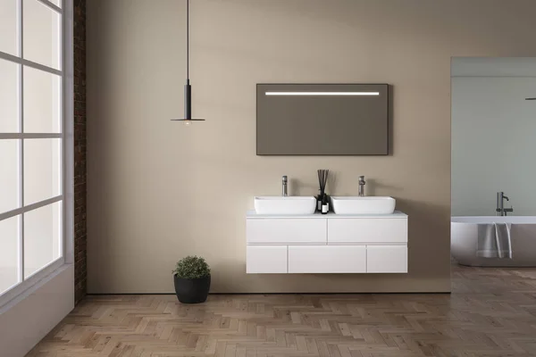 现代化的浴室 墙壁上有水池和镜子 — 图库照片