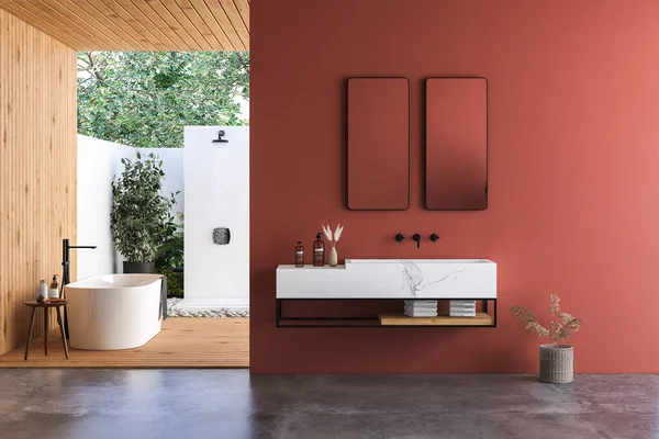 Interno Del Bagno Lavabo Moderno Con Lavabo Rosso Pareti Bianche — Foto Stock